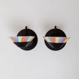 Set of 2 Vintage Murano Glass Wall Lamps with Multicolor Striped Shades and Matte Black Holders