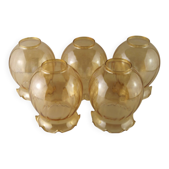Set of 5 Vintage Glass Bell Shades In Smoked Amber Glass With Frilled Edge