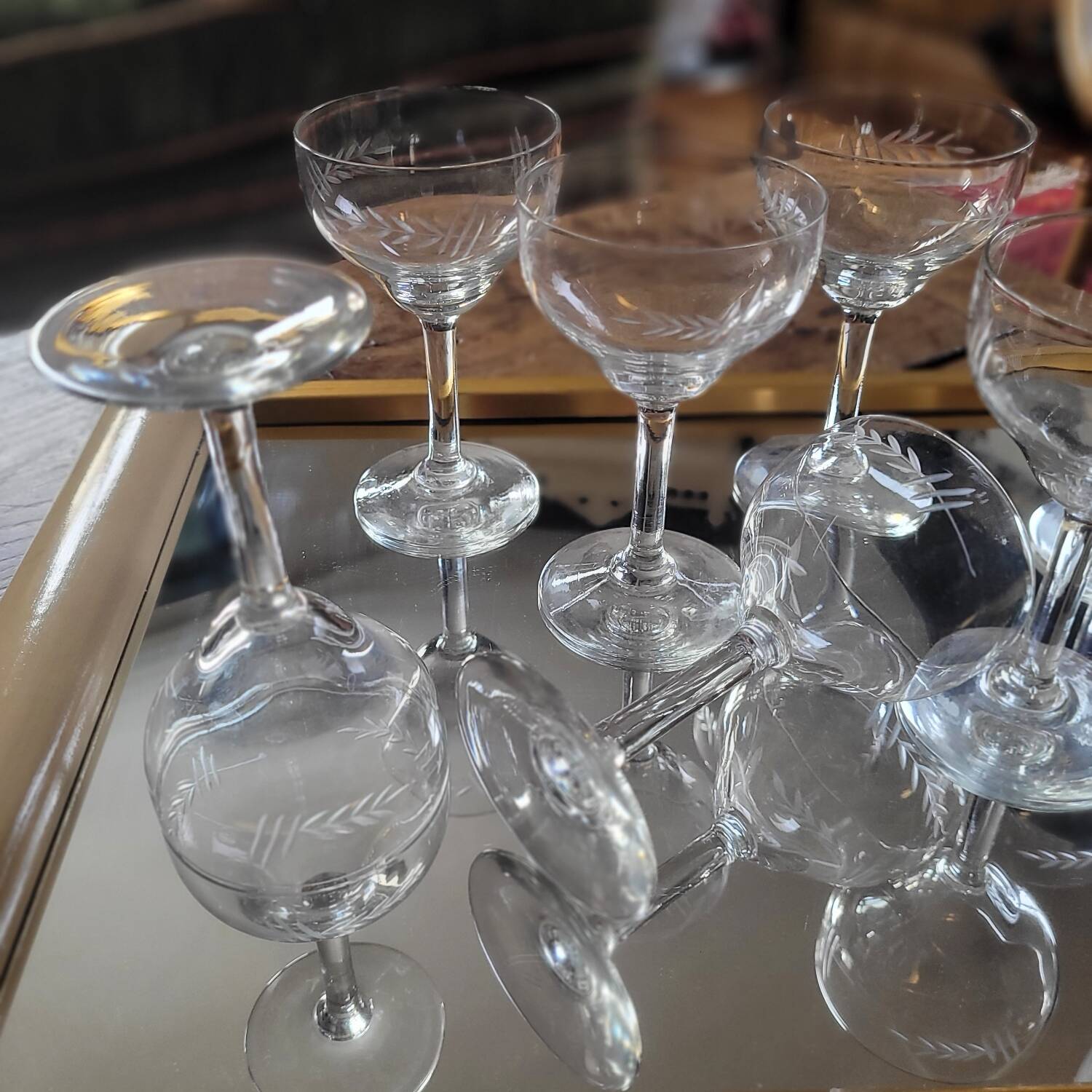 8 vintage stemmed glasses, French glassware, 1950s.