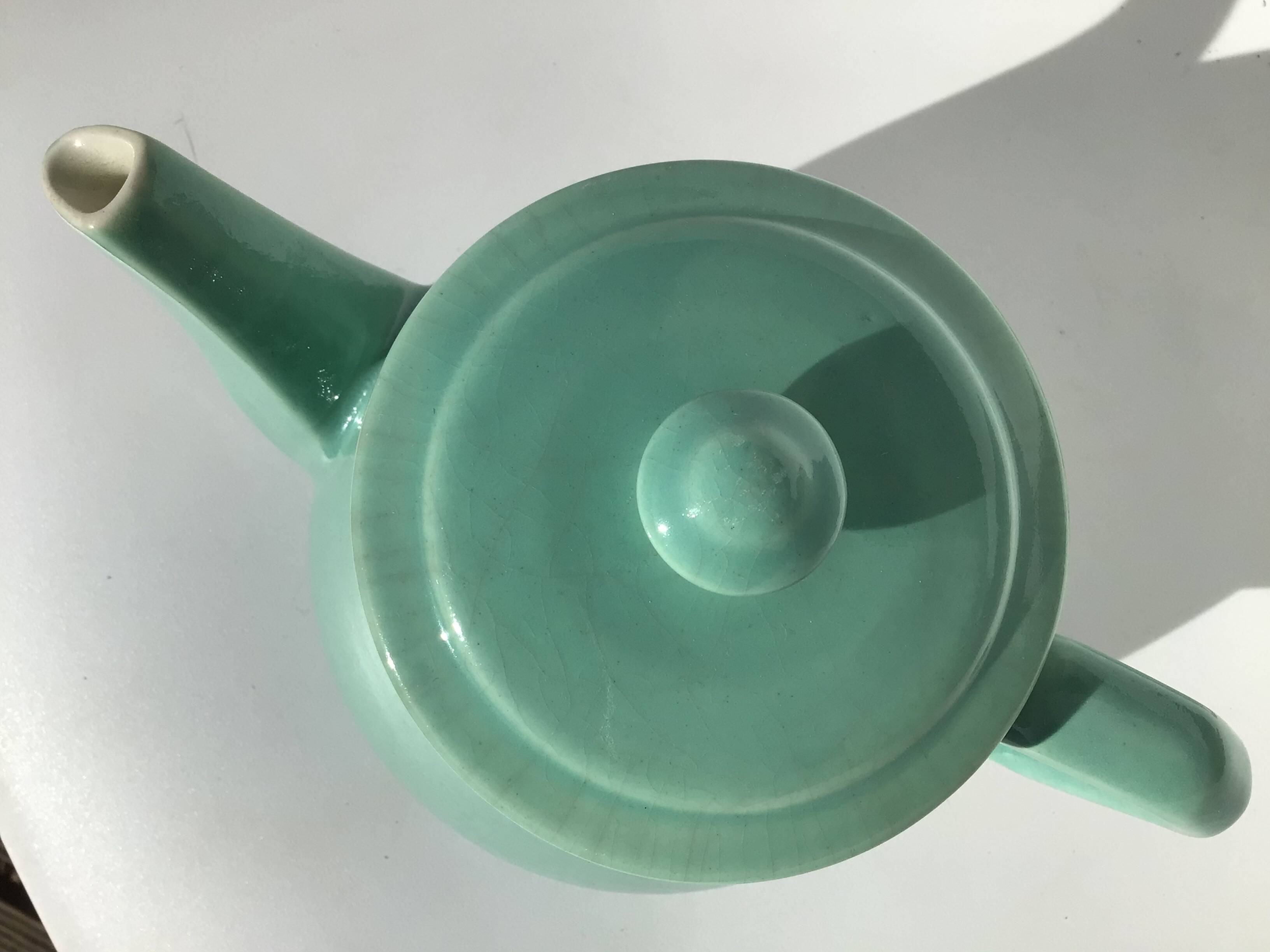 Art deco blue green stoneware teapot