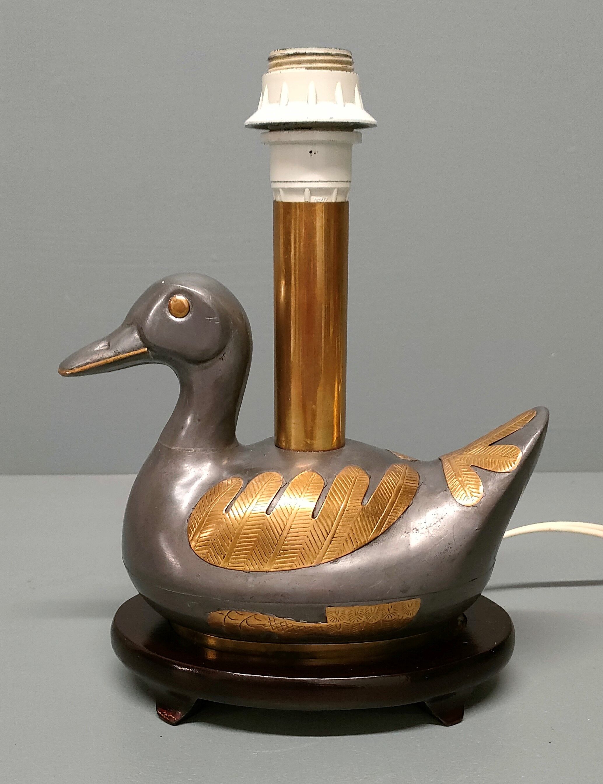 Vintage table lamp duck in pewter and gilded copper, patinated - 70s/80s - France