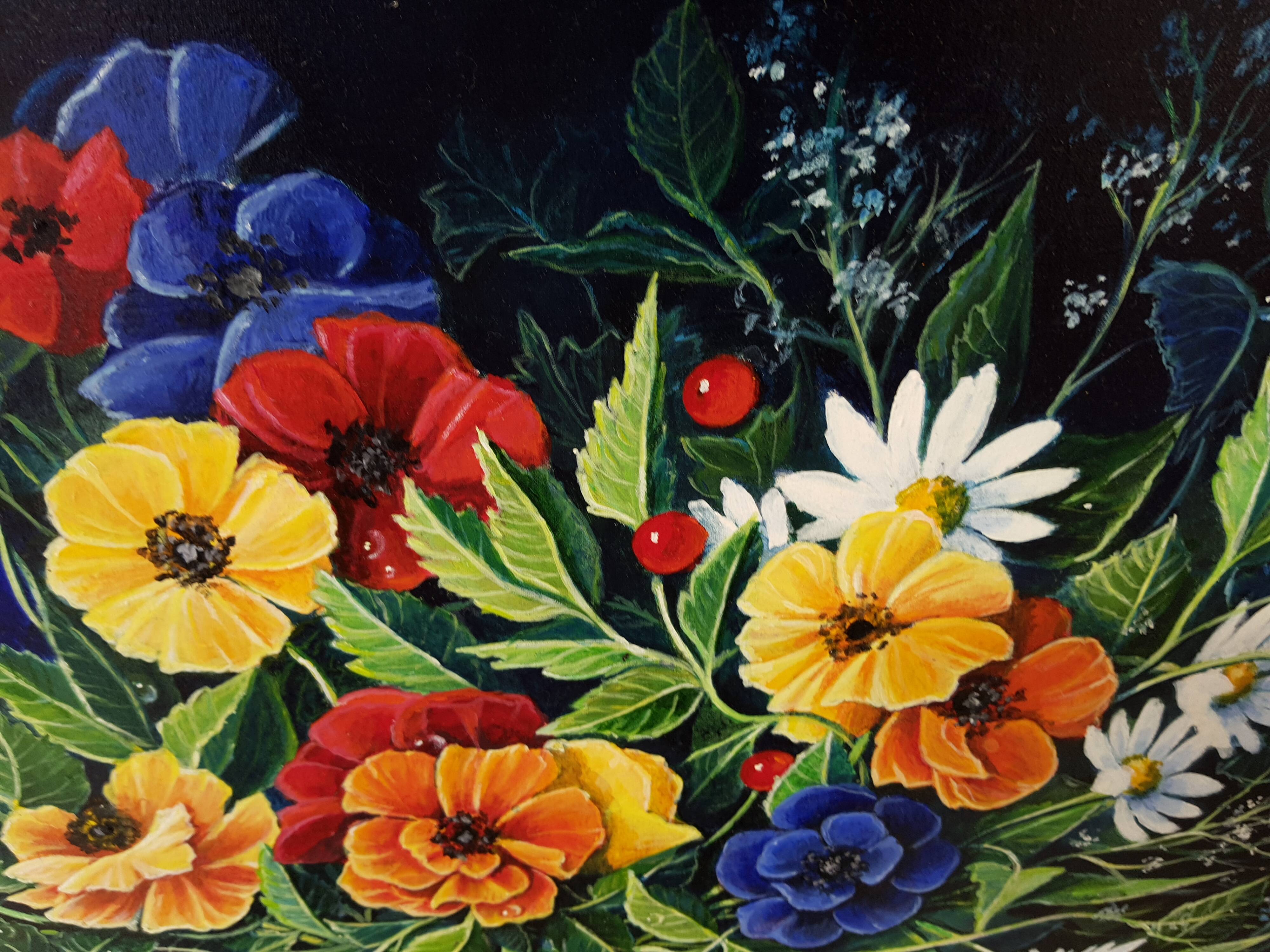 Peinture nature morte bouquet de fleurs et fruits Selency