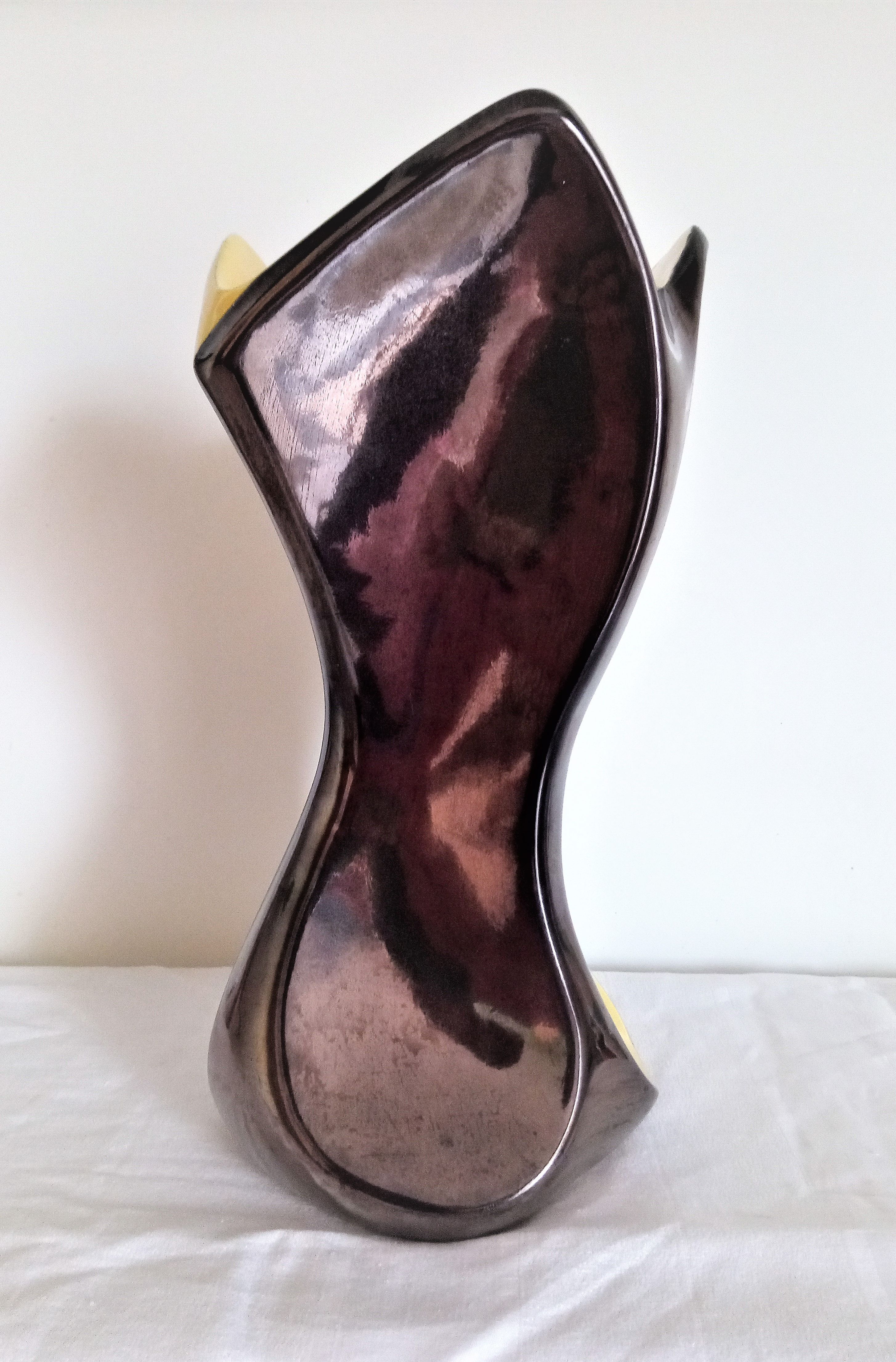 Art Deco vase in two-tone glazed ceramic (black/yellow), signed and numbered