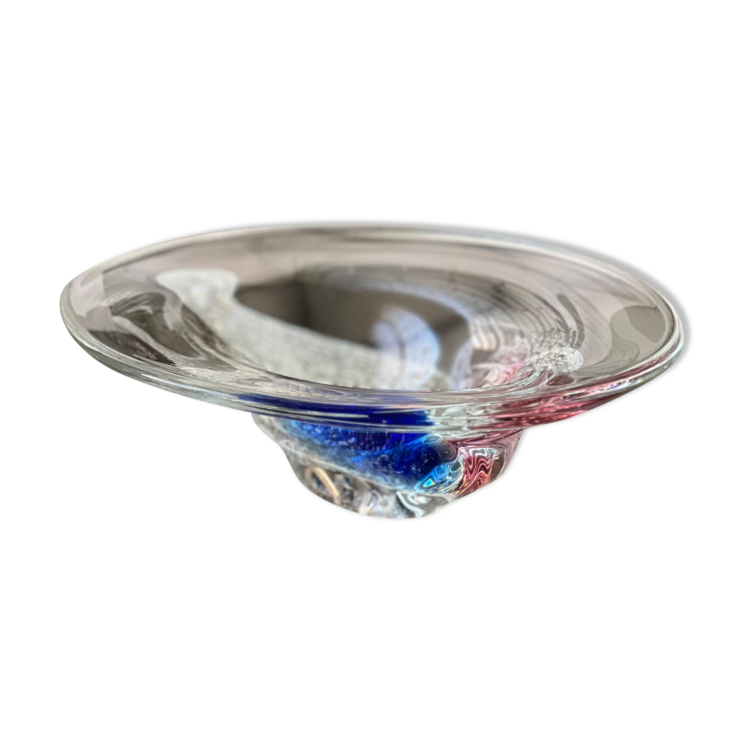 Bol décoratif en verre vintage, accents bleus, fabriqué en Italie.