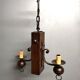 Medieval 2-light chandelier ~ hammered and patinated wrought iron ~ oak ~ 60s ~ France