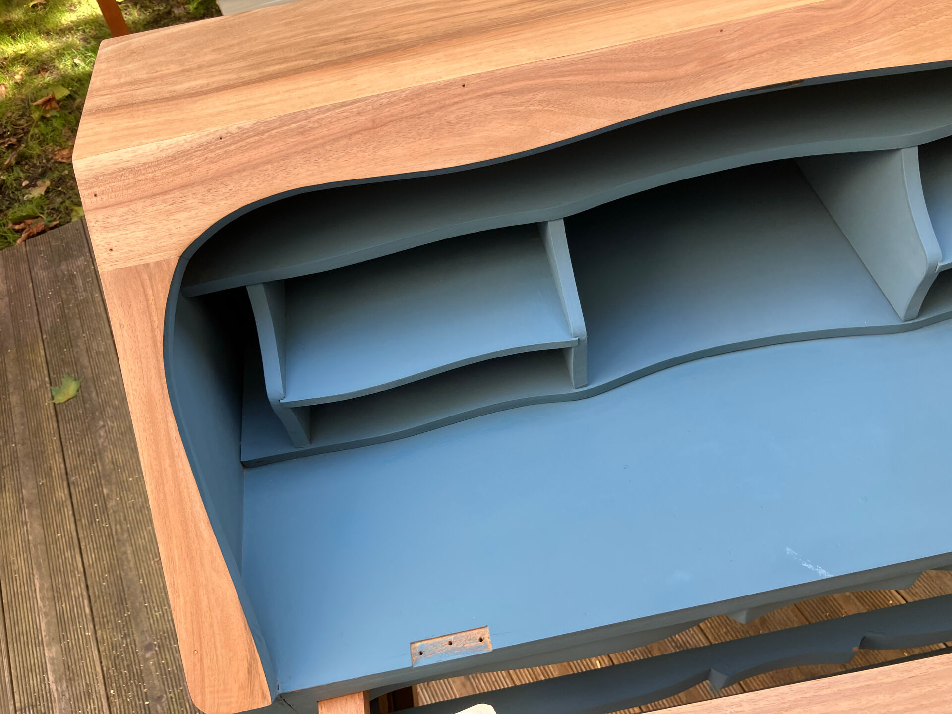 Restored antique drop-leaf secretary – natural wood & midnight blue