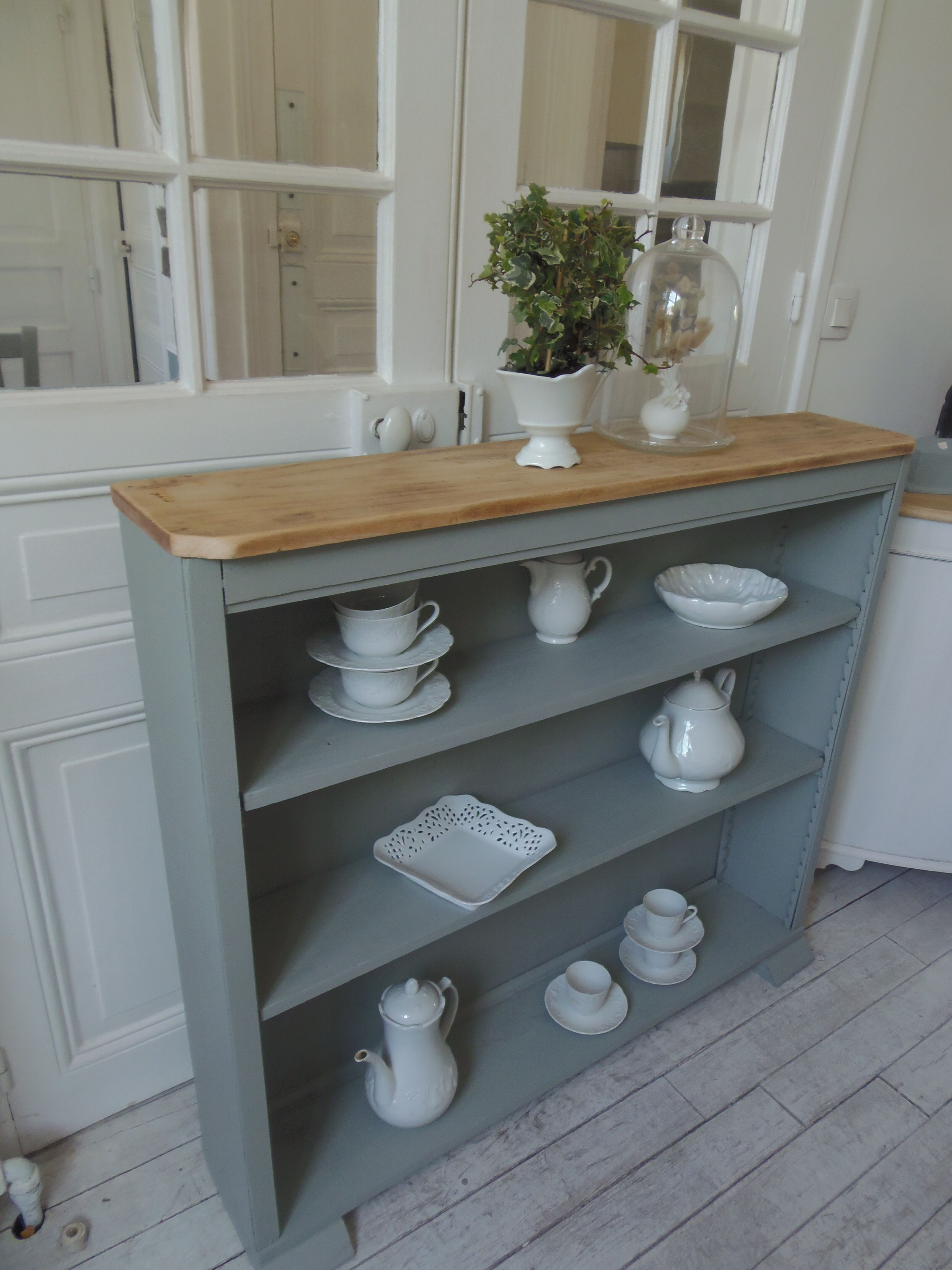 Vintage shallow bookcase, re-enchanted in gray green, wooden tray.