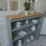 Vintage shallow bookcase, re-enchanted in gray green, wooden tray.