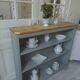 Vintage shallow bookcase, re-enchanted in gray green, wooden tray.
