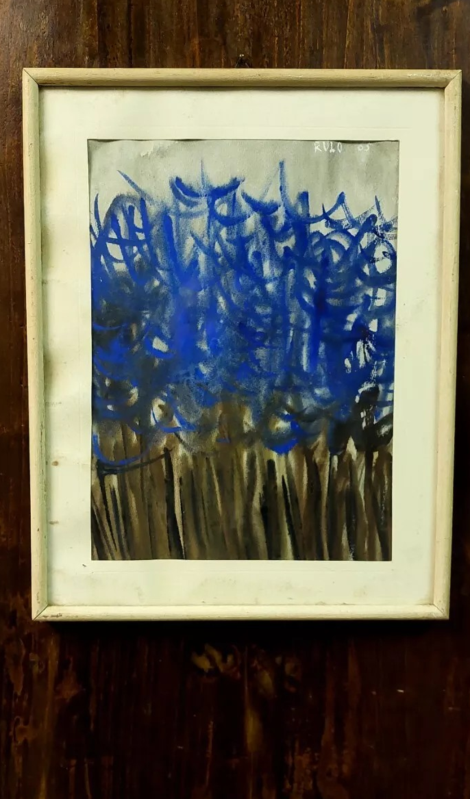 Abstract painting rulo 1965 mixed technique on paper frame