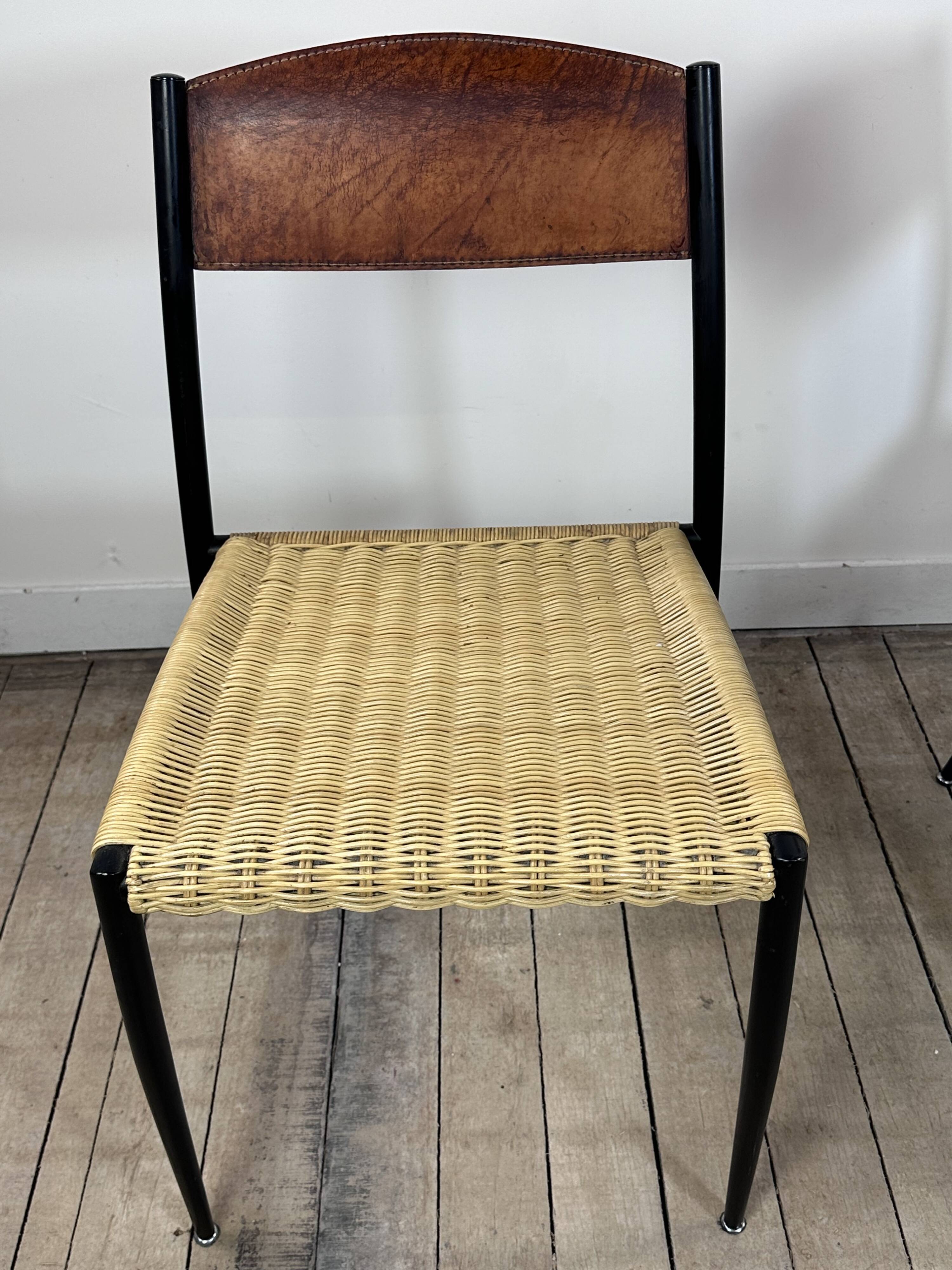 Chairs (set of 2) in metal, leather and straw 1960's