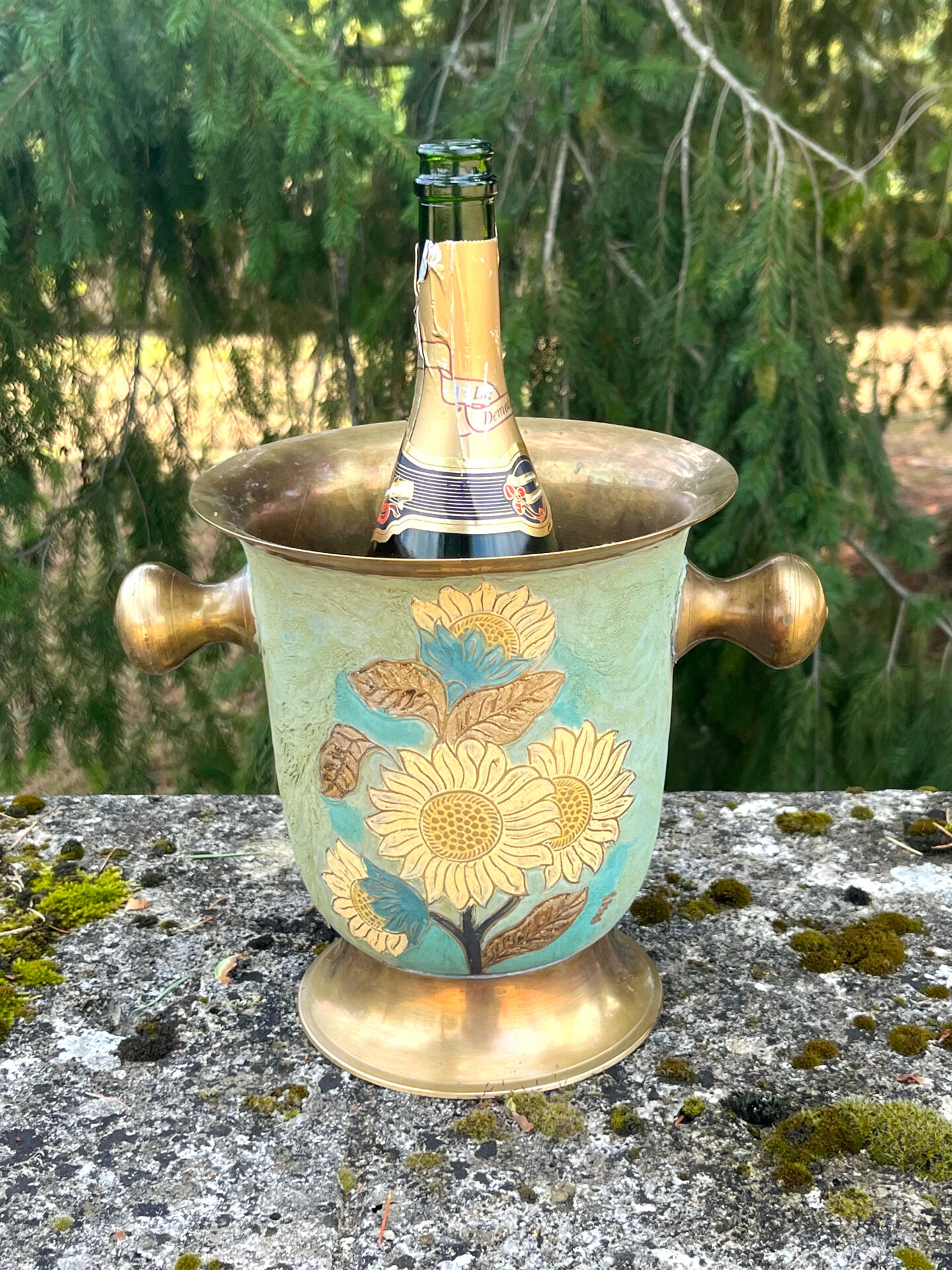 Cloisonne Brass champagne bucket with sunflower relief decoration