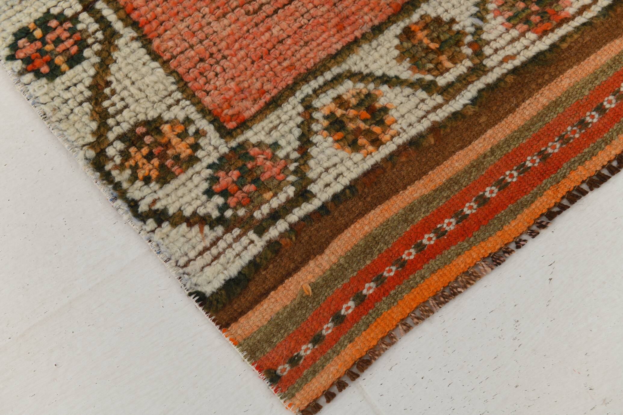 Brick Red Geometric Style Turkish Oushak Runner Rug, 90x340 Cm