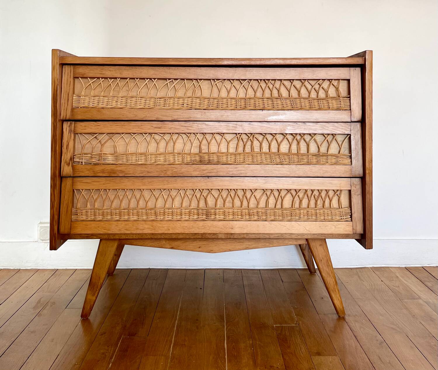 Vintage wooden and rattan chest of drawers