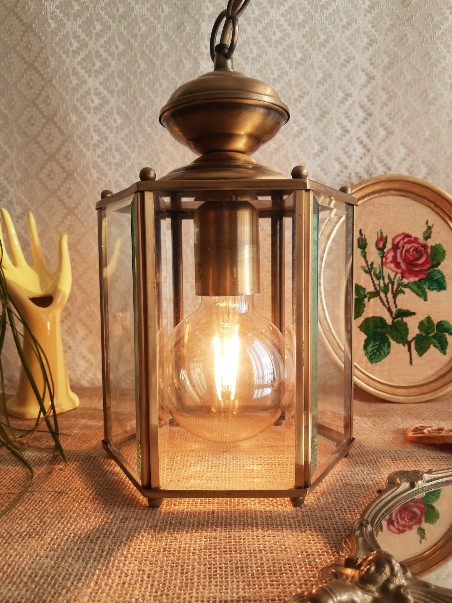 Brass and glass lantern pendant/chandelier - vintage