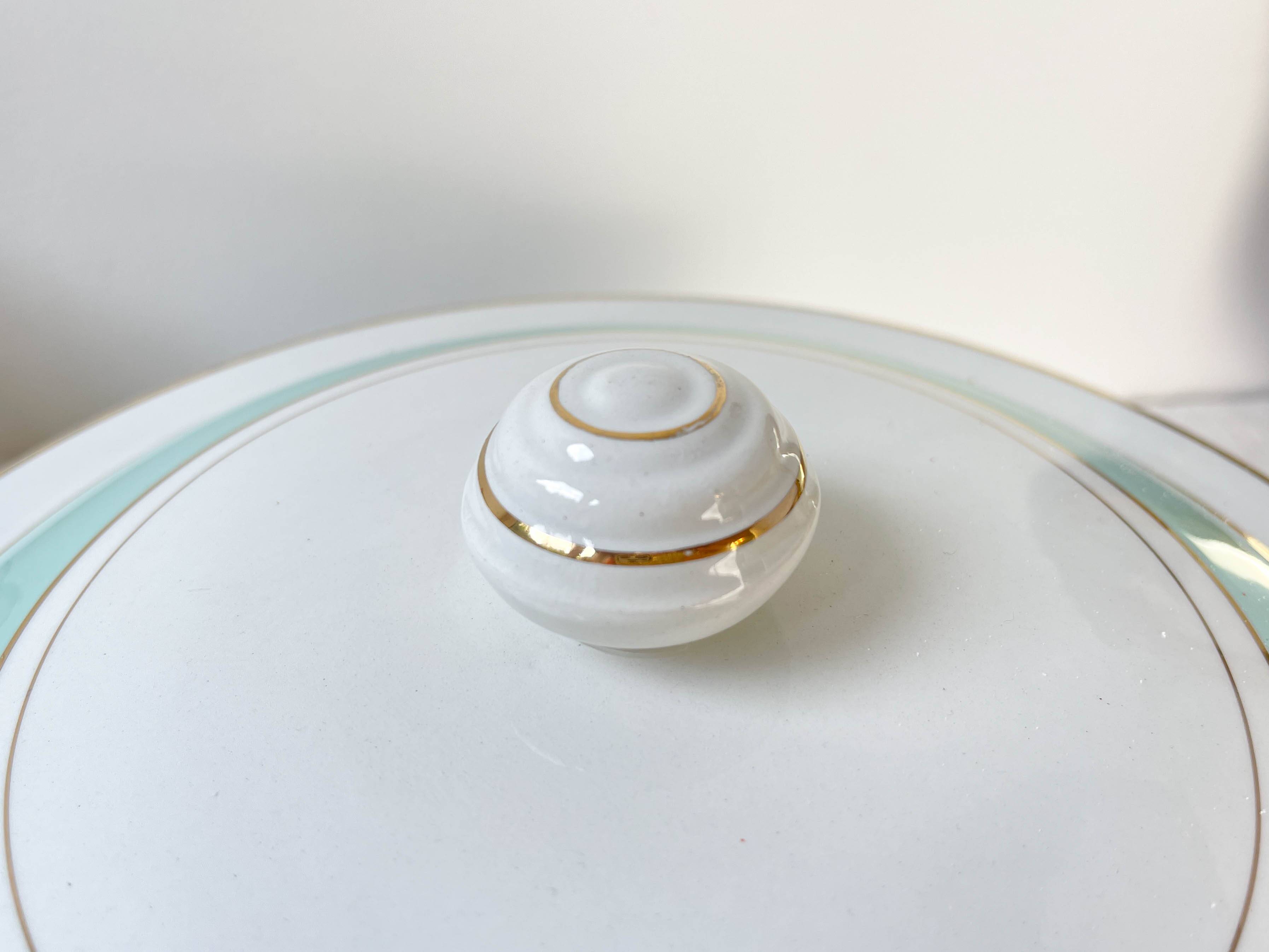 Vintage white and green porcelain tureen, Luneville, Epinay, France, 1950s