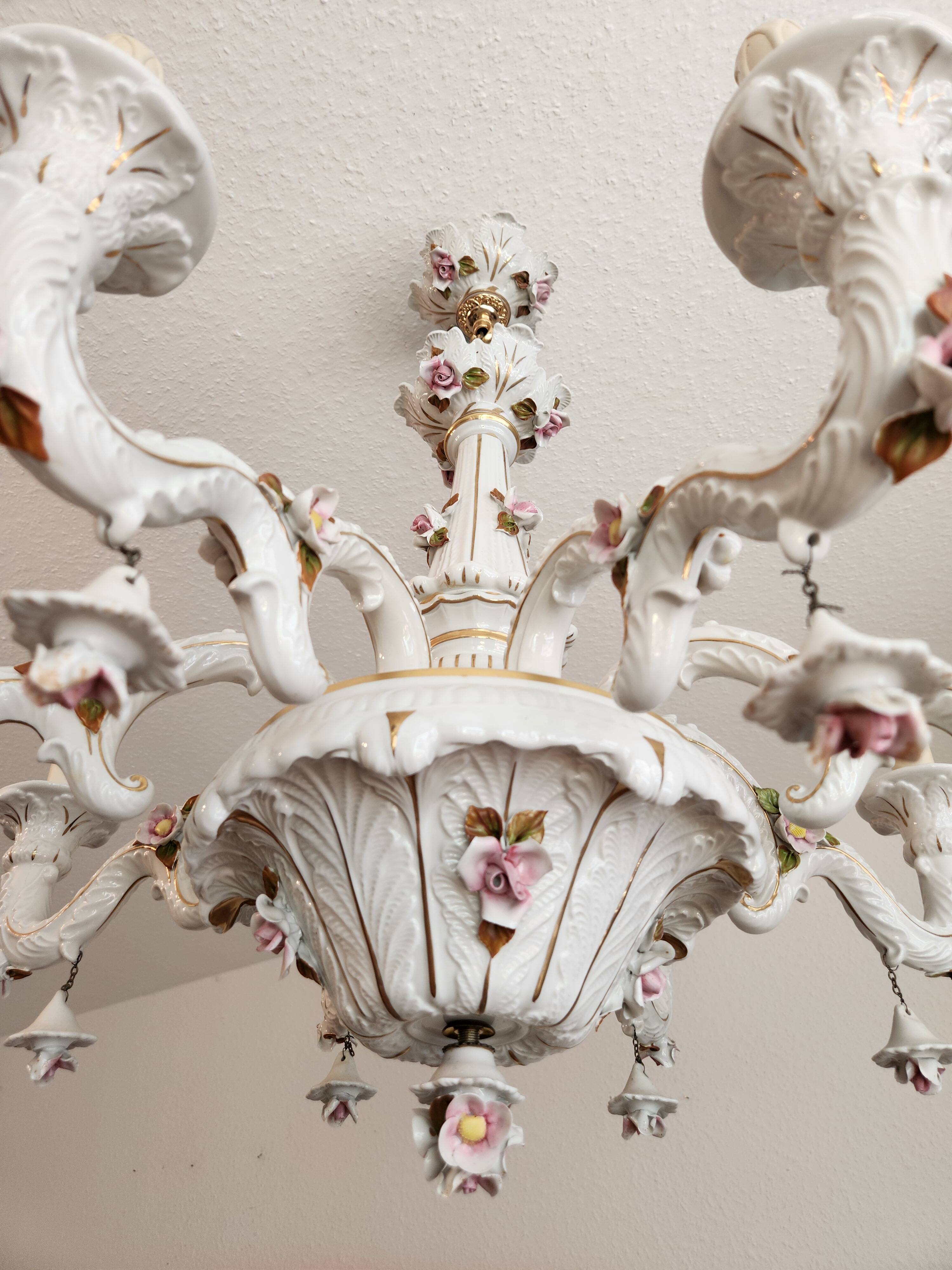 Large hand-painted gilded chandelier mangani ceramiche porcelain