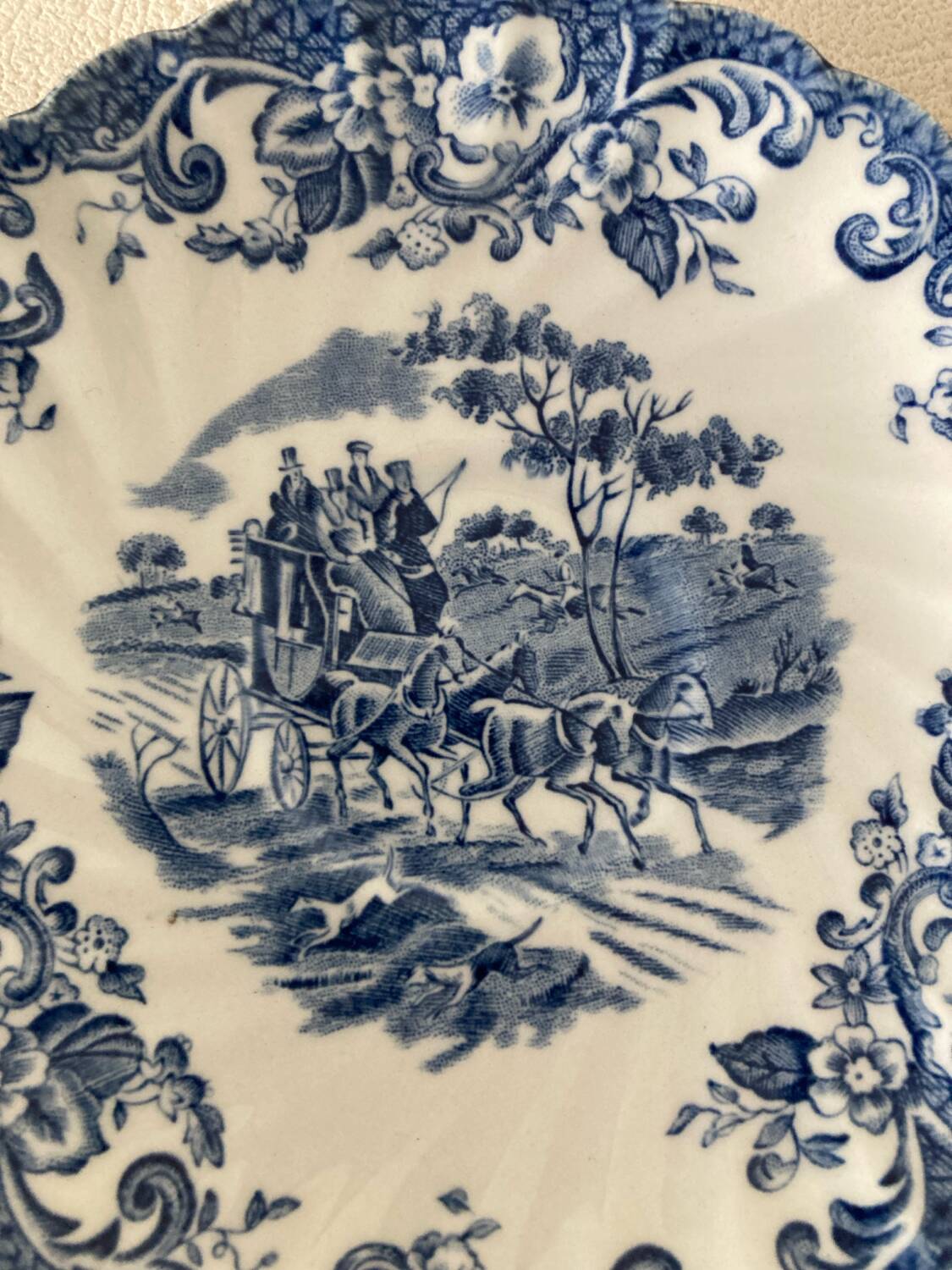 4 Coaching Scenes Blue Tea Cups and Saucers by Johnson Bros Ireston