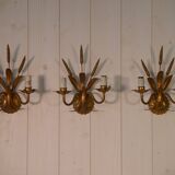 Set of 3 gilded wrought iron wall lights with wheat ears, 1960s