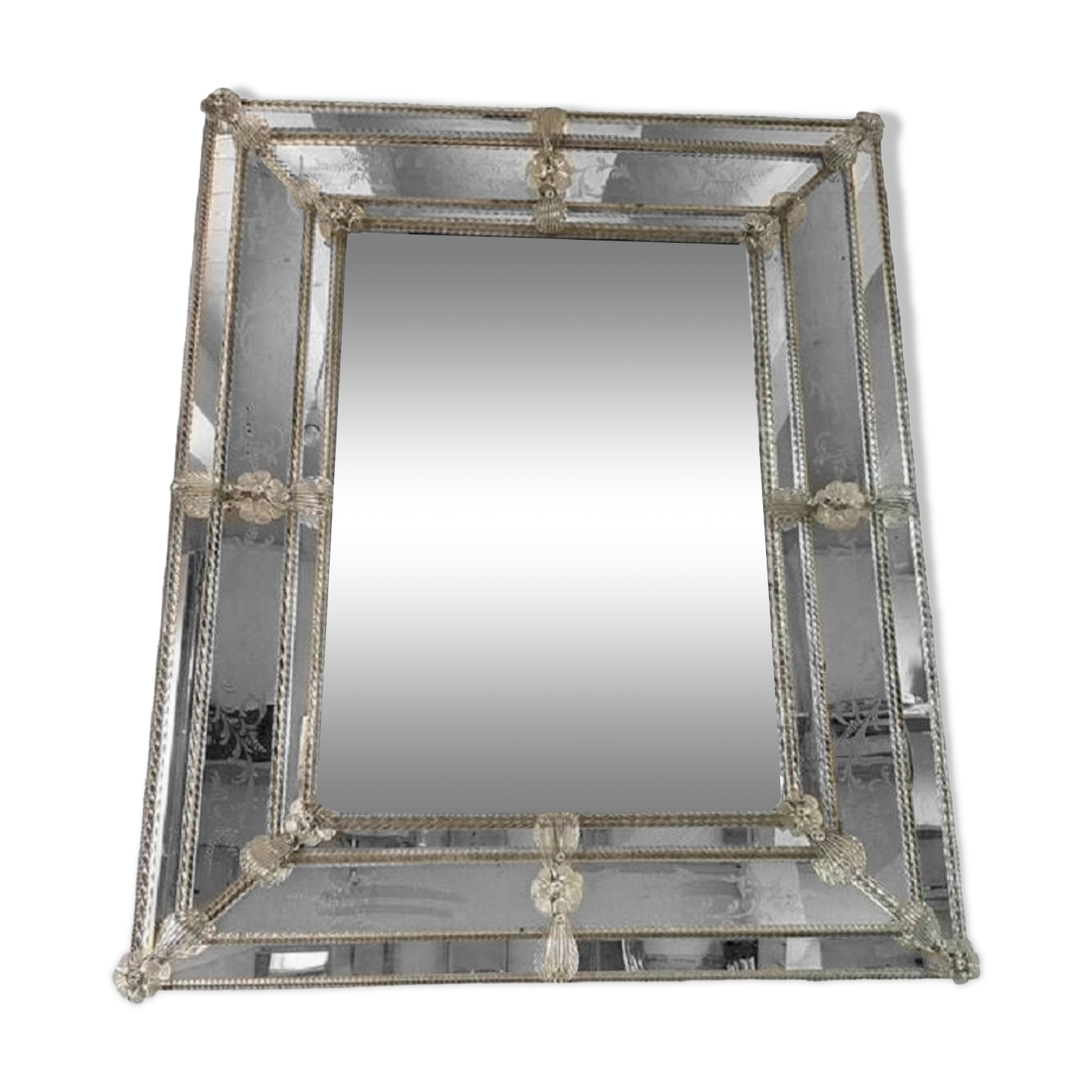 Venetian Rectangular Floreal Hand-Carving Wall Mirror in Murano Glass Style