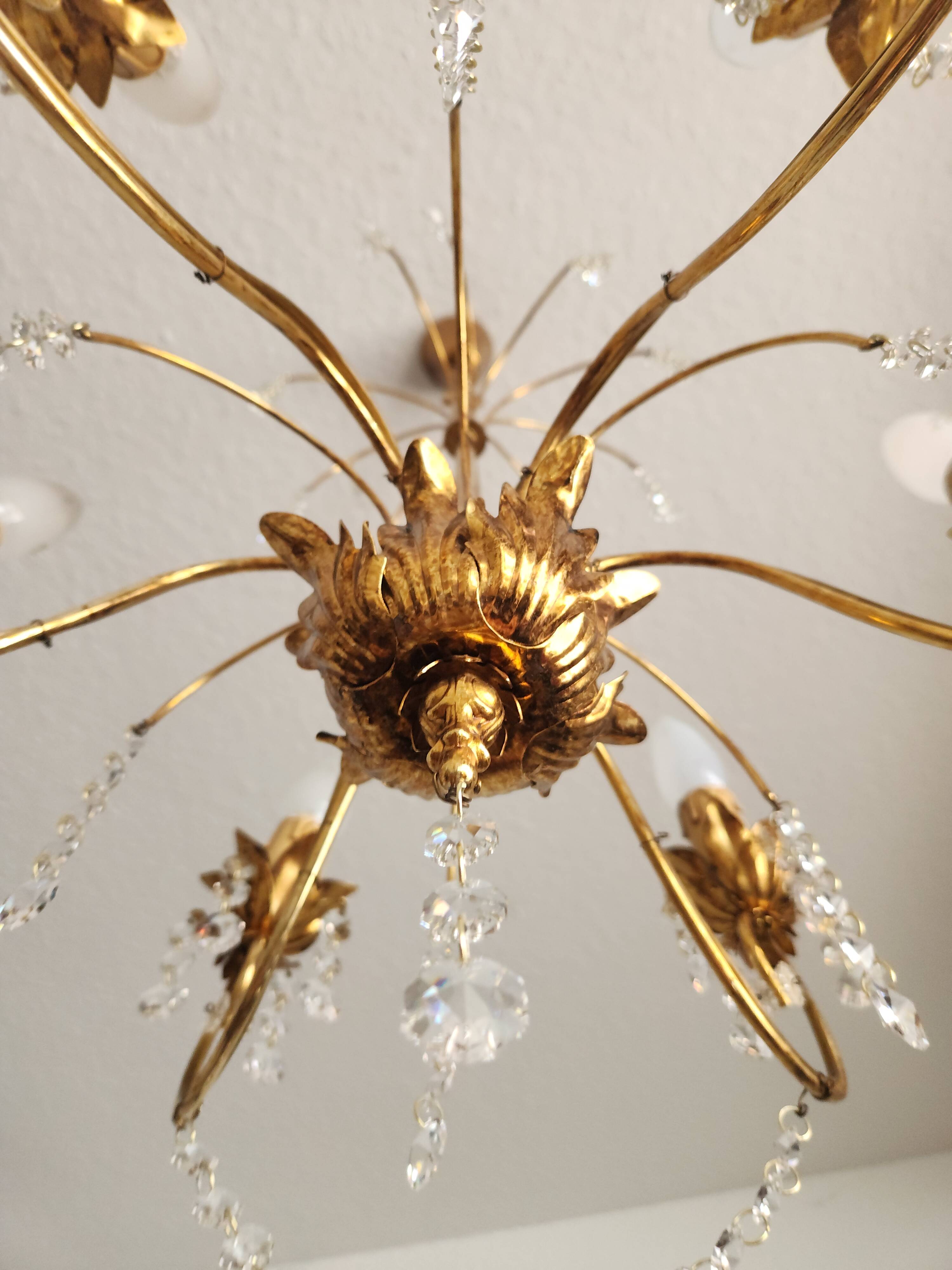 Messing doré lustre à 6 lumières lampe cristal cascade 1950-1970