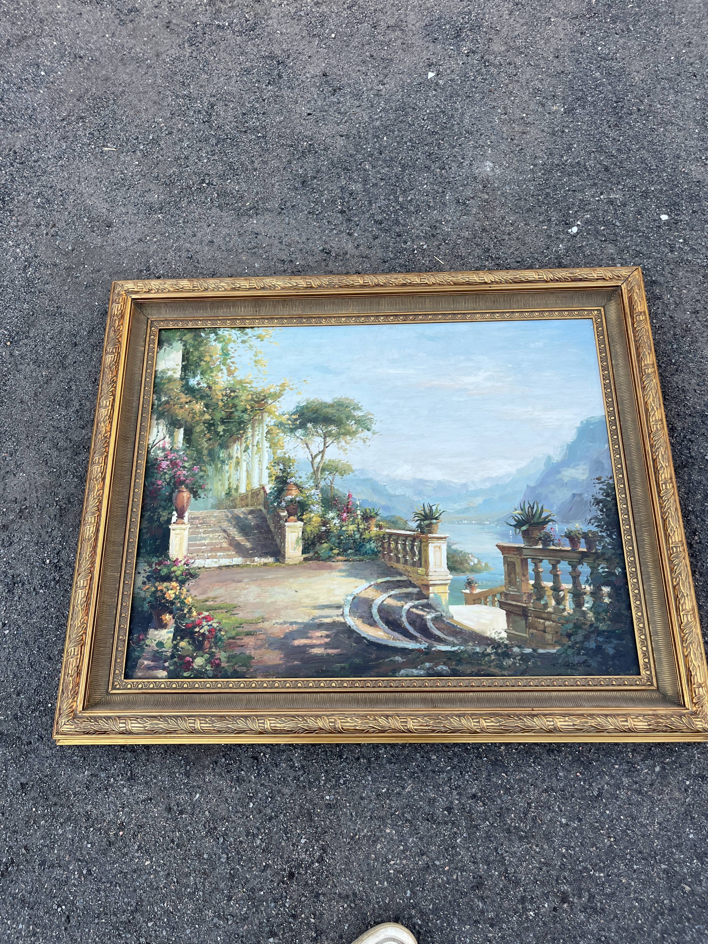 Large oil on canvas, Mediterranean terrace by the lake, signed, gilded frame.