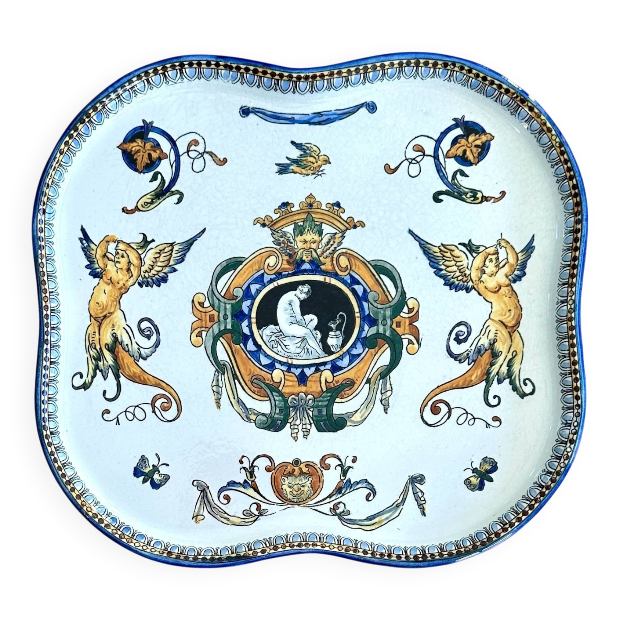Antique Gien dish - 19th century - Italian Renaissance earthenware - Grotesque and allegorical decoration, 26.5 cm