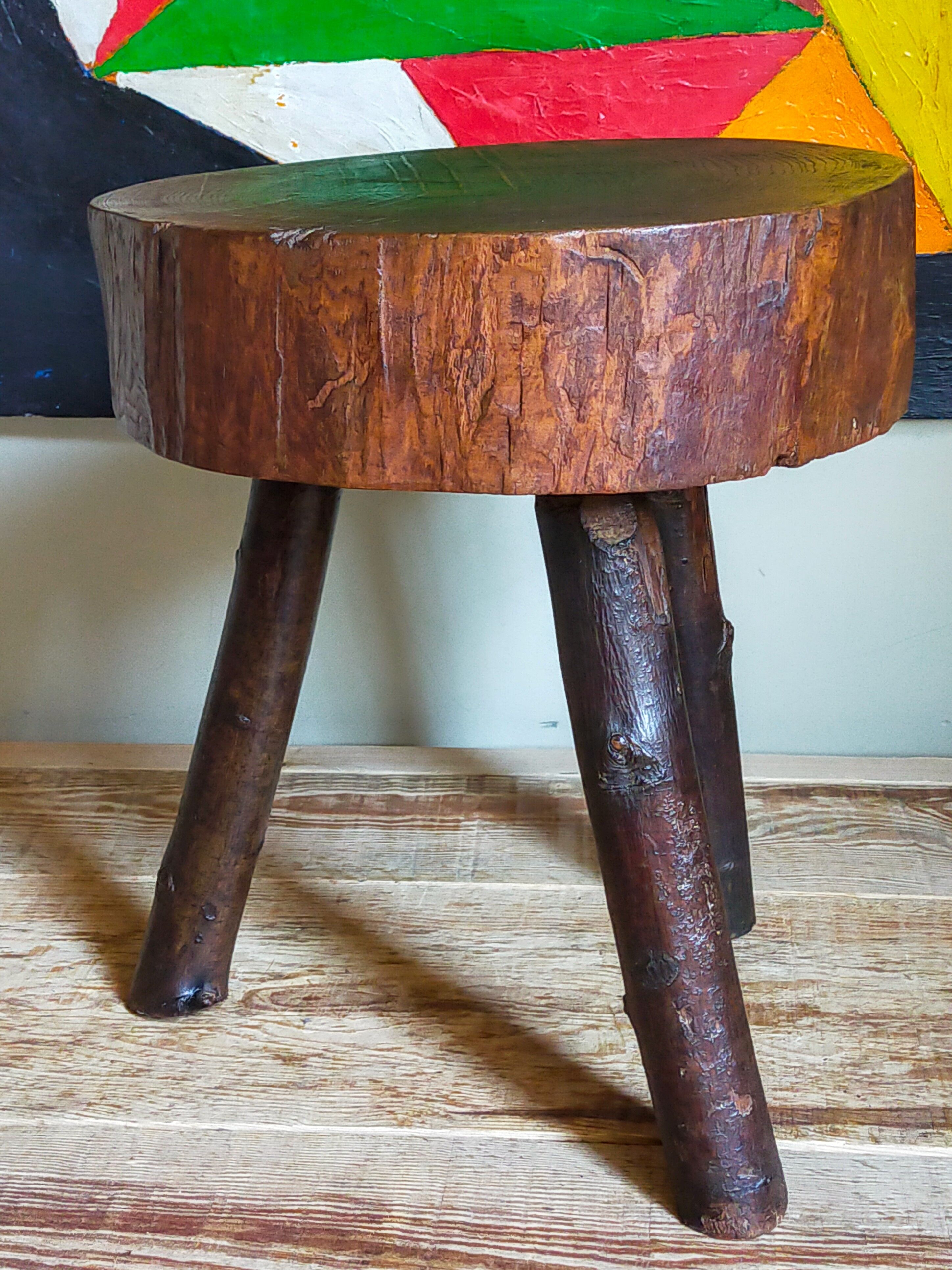 Brutalist tripod stool vintage folk art