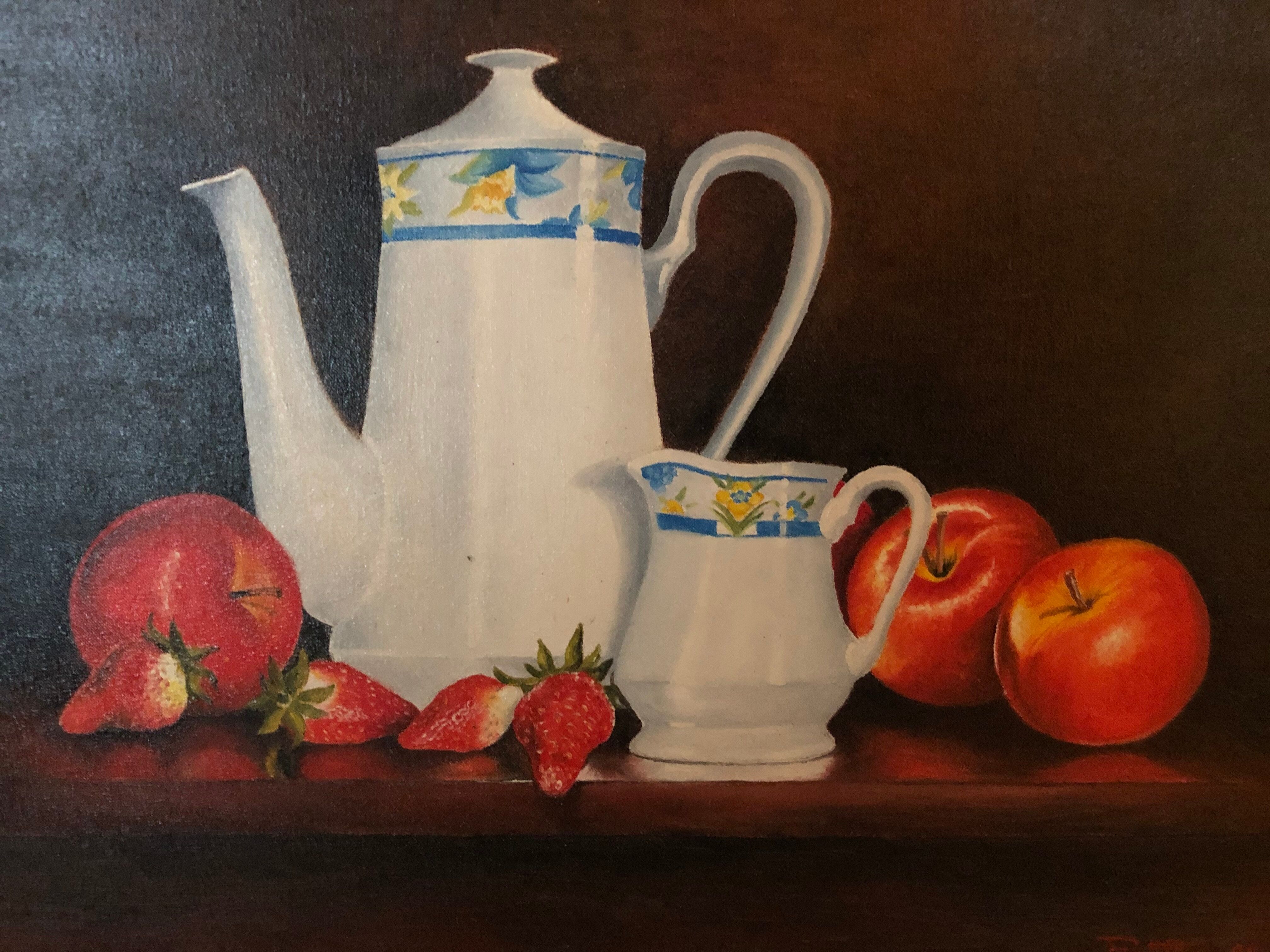 Oil on canvas: still life with apples, strawberries and tea service