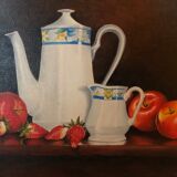 Oil on canvas: still life with apples, strawberries and tea service