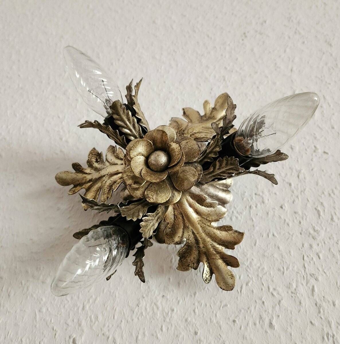 Vintage Florentine floral hand-forged silver-plated 3-light flush mount from Banci Firenze, Italy, Florence 1960s, set of 5