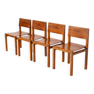 Set of 4 unique Bauhaus modernist dining chairs in birch, Prague, 1940s.