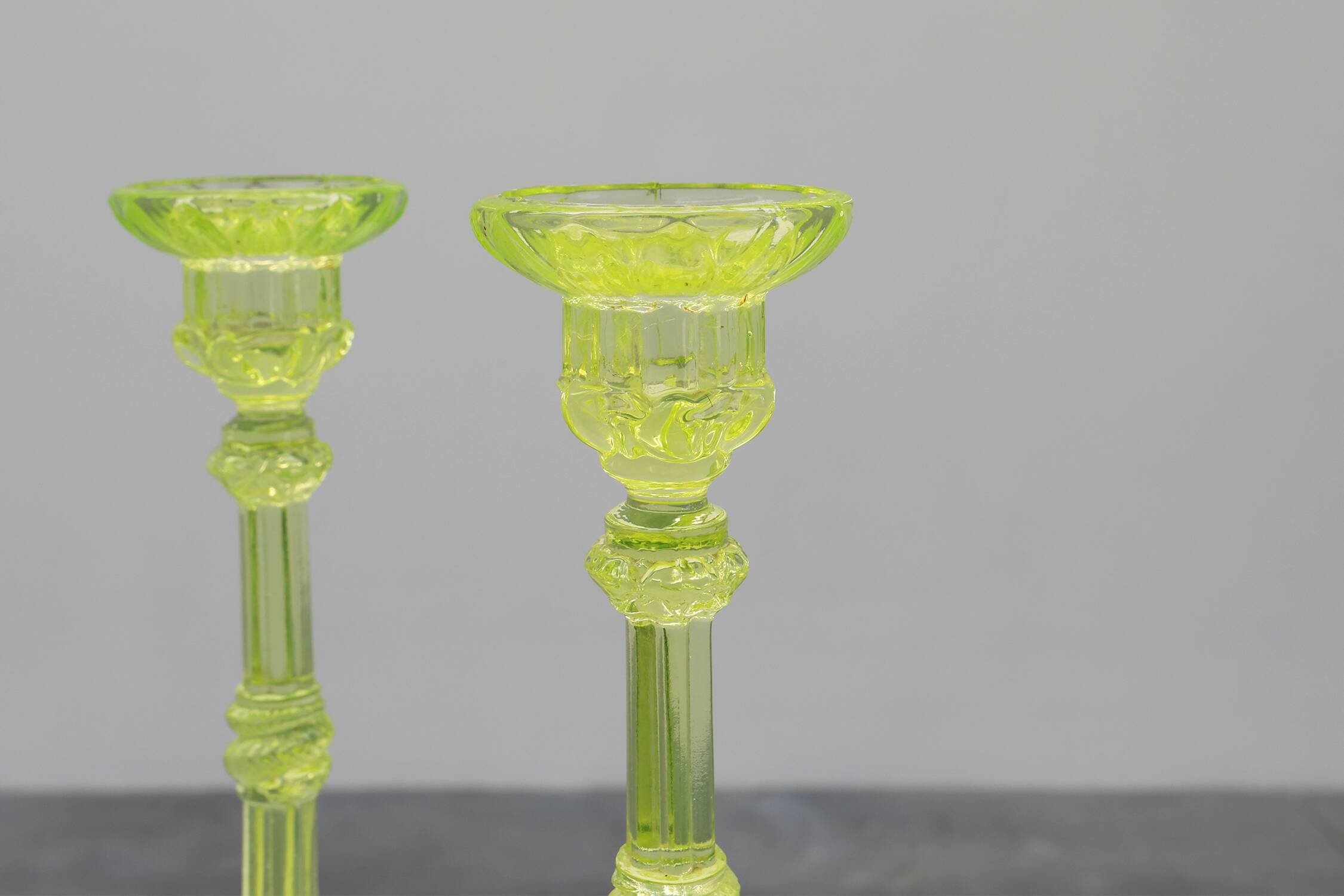 Pair Uranium or annagreen glass candlesticks by Vallerysthal & Portieux