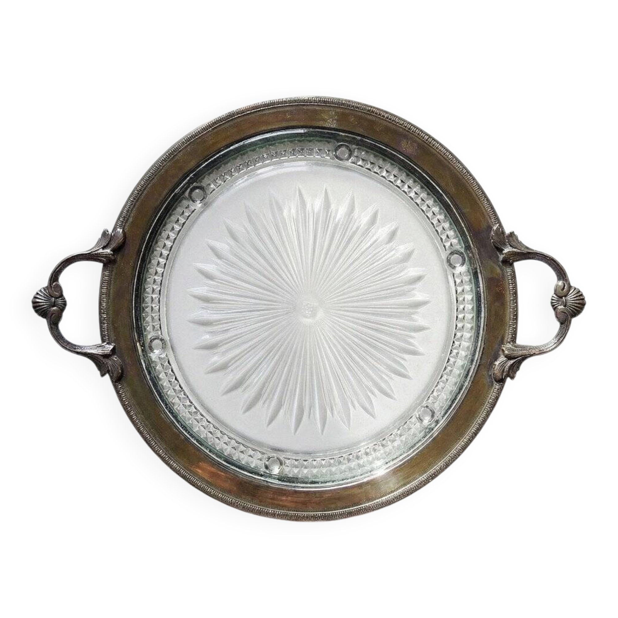 Plateau with handles, moulded glass and brass, Verlys, vintage Art Deco 1930-1940.