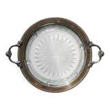 Plateau with handles, moulded glass and brass, Verlys, vintage Art Deco 1930-1940.