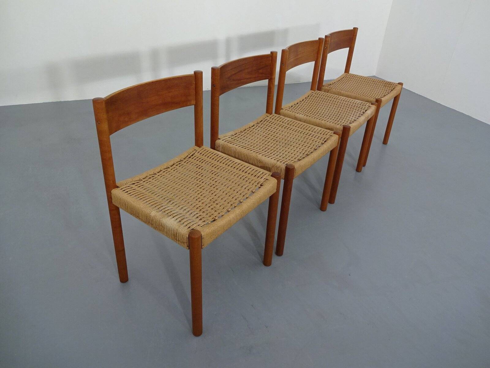 Teak & Papercord Dining Chairs by Poul M. Volther for Frem Røjle, Denmark, 1960s, Set of 4