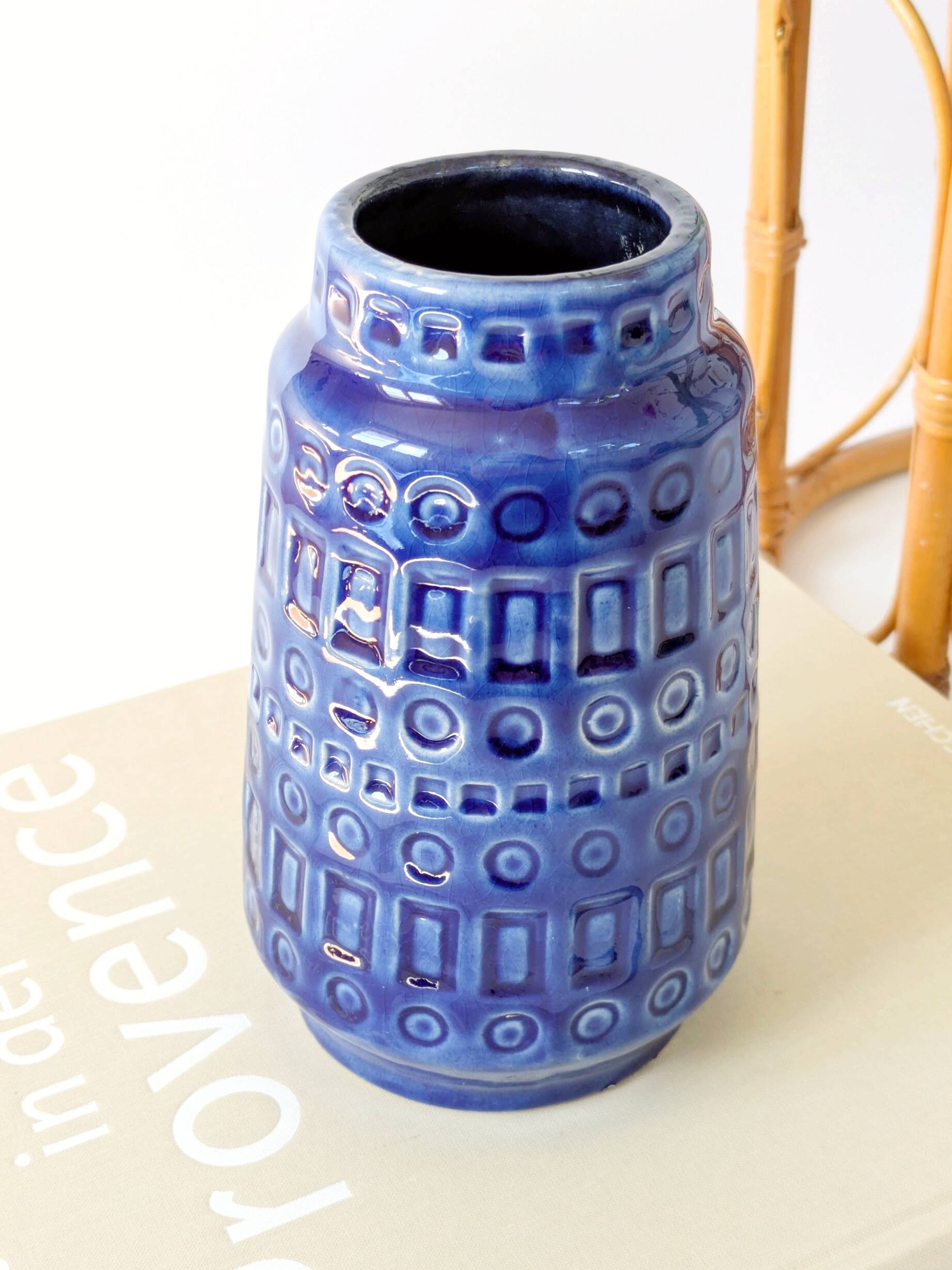 Vintage Scheurich Inka Vase, Blue Ceramic, West Germany