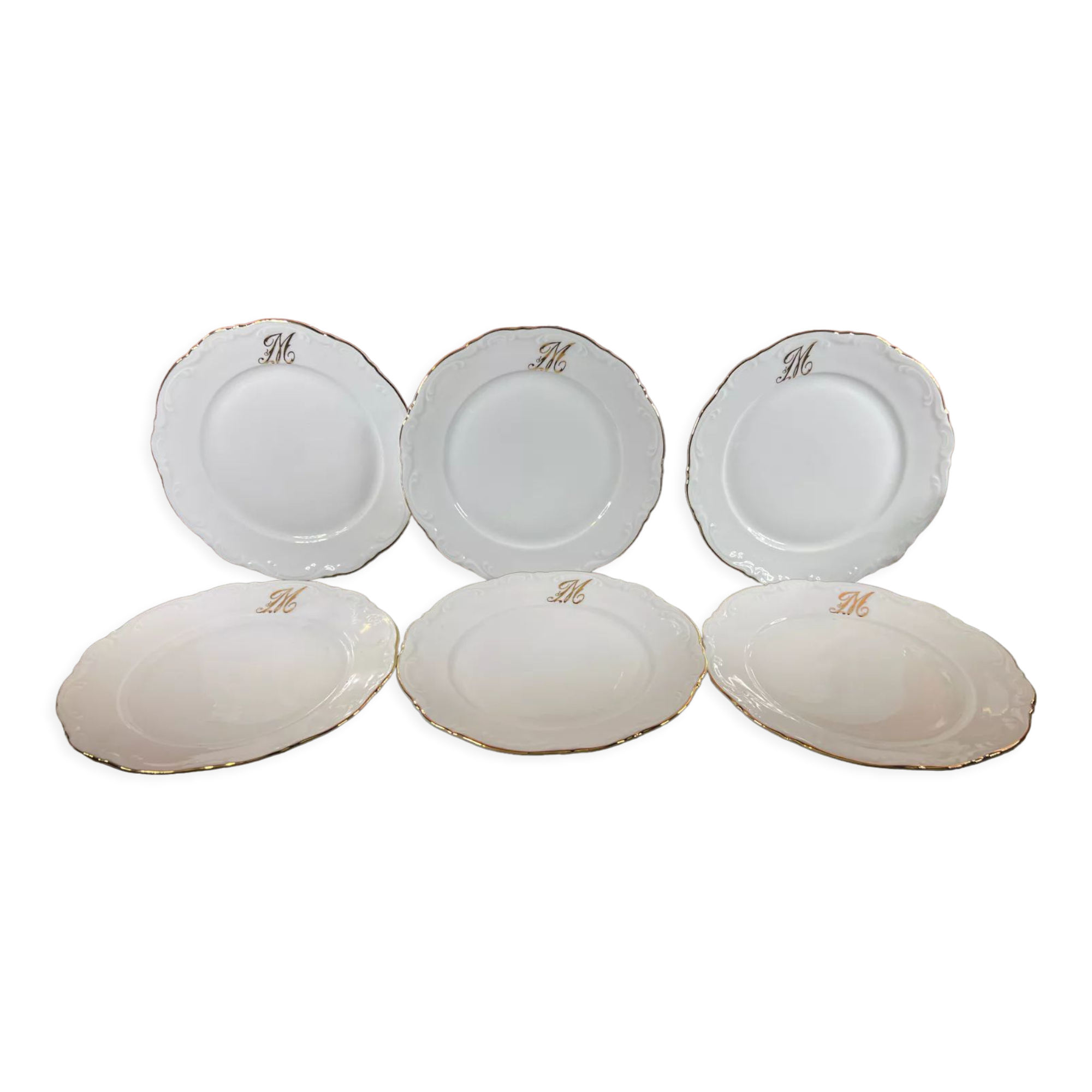 6 plates golden white dessert monogram