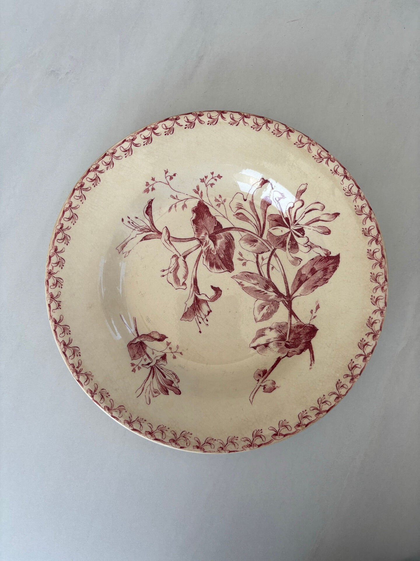 Hollow plate red ironstone honeysuckle pattern from Gien pottery
