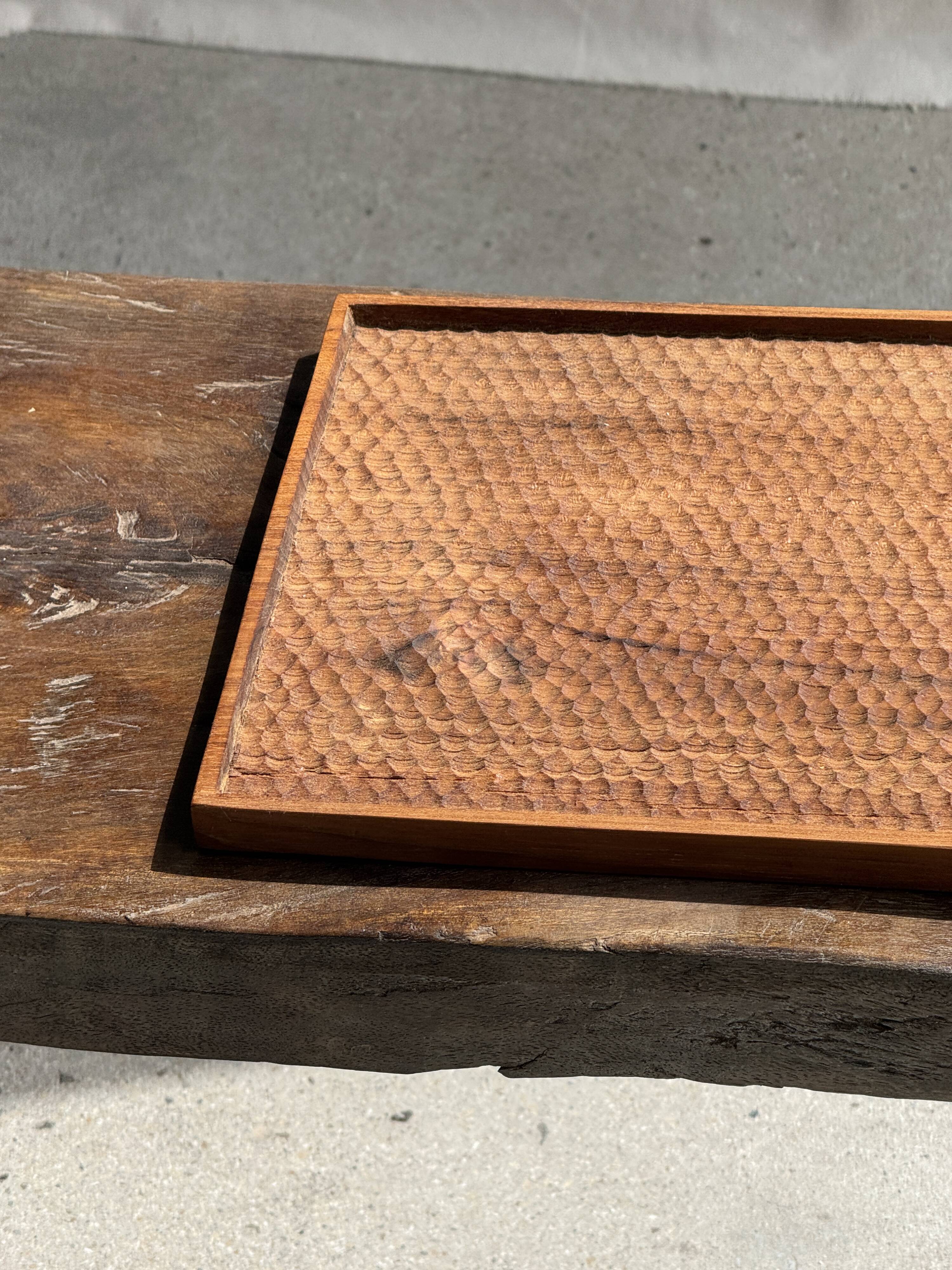 Rectangular solid teak platter with carved edges 33x24