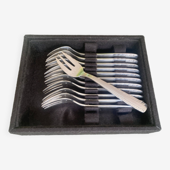 Série de 12 fourchettes à huîtres en métal argenté Art Déco