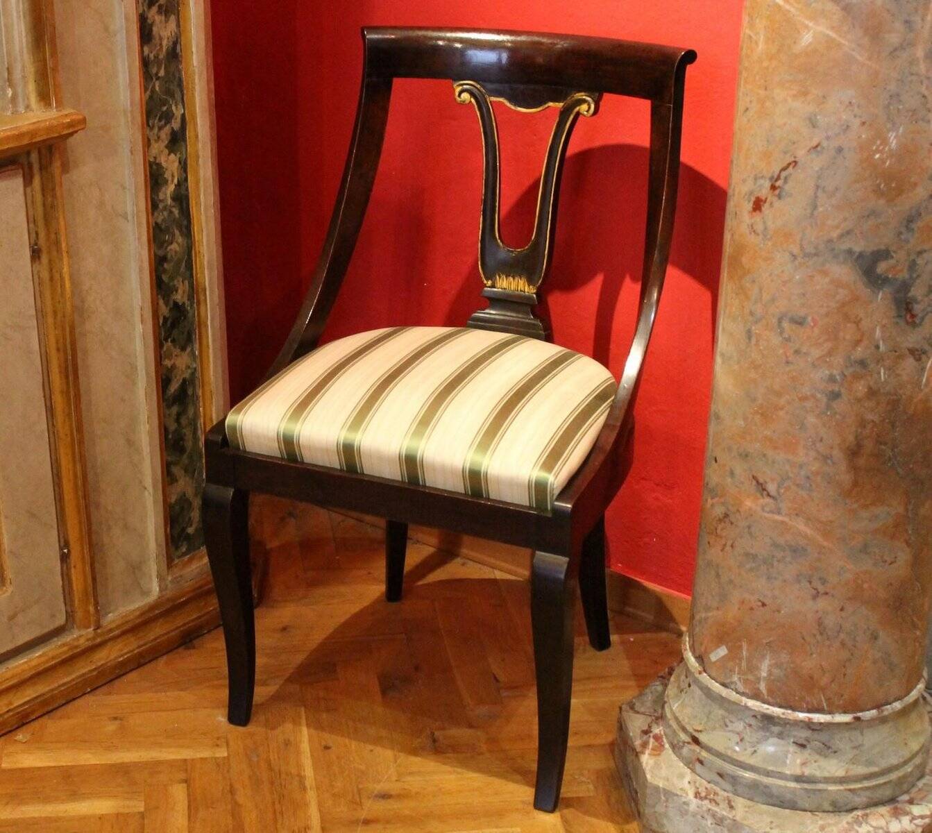 18th Century French Directoire Mahogany Chairs with Silk Blend Upholster Fabric, Set of 4