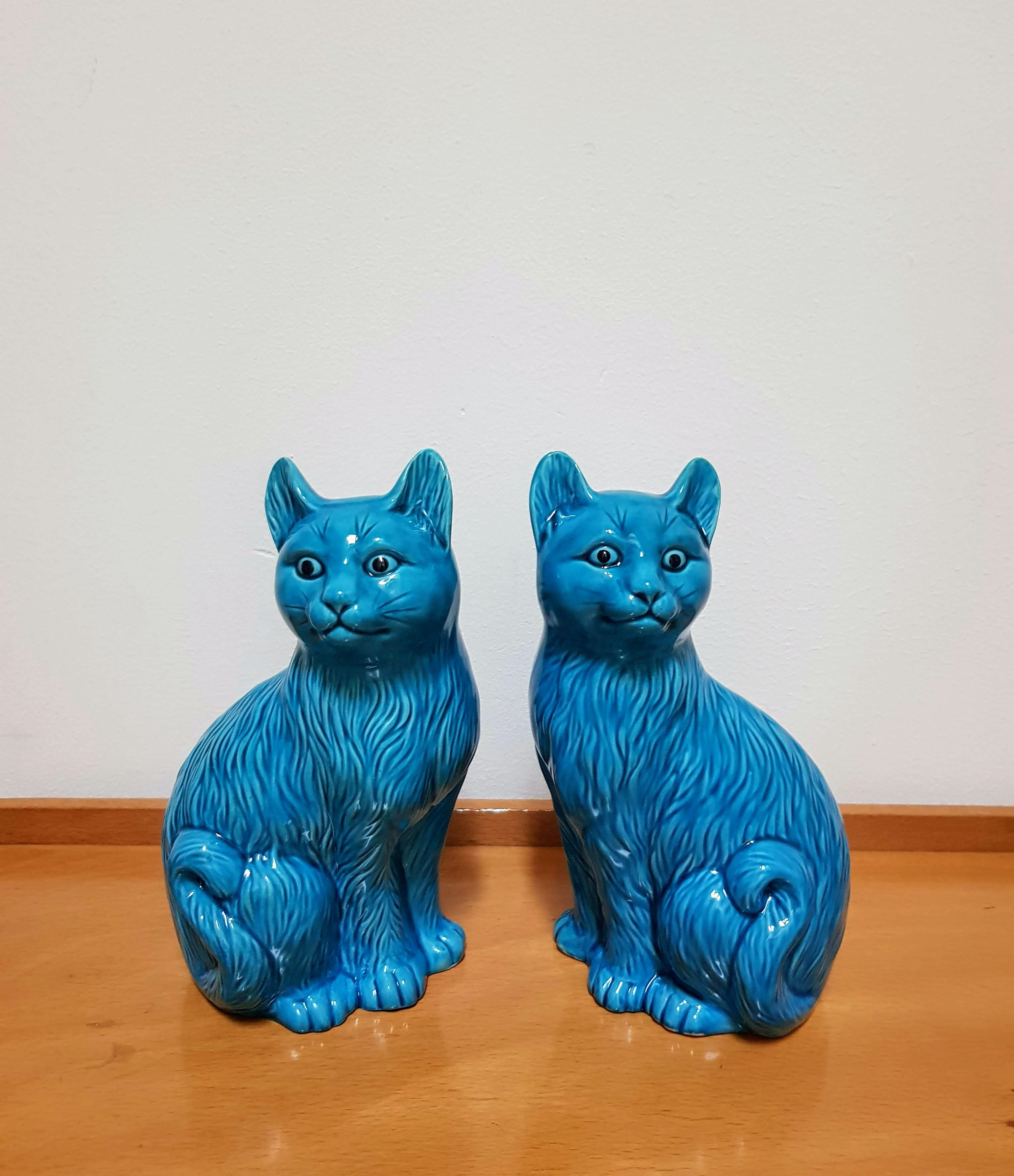 Vintage Pair of Ceramic Blue Cats Bookends