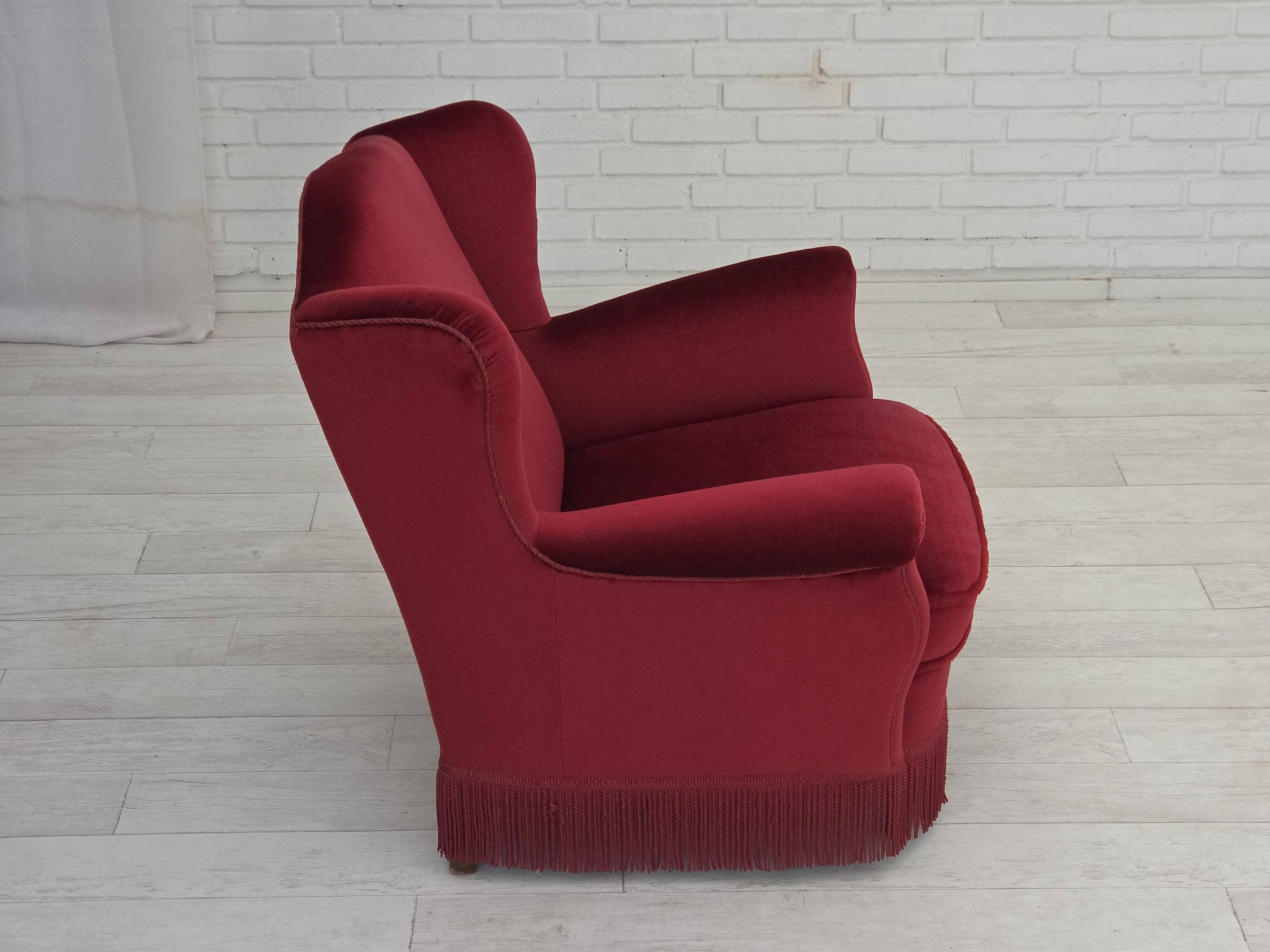 1960s, Danish armchair, red furniture velour, beech wood legs.