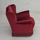 1960s, Danish armchair, red furniture velour, beech wood legs.