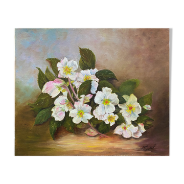 Tableau HST "Roses de Noël" Fleurs Ellébores signé Sylvie Lamboeuf