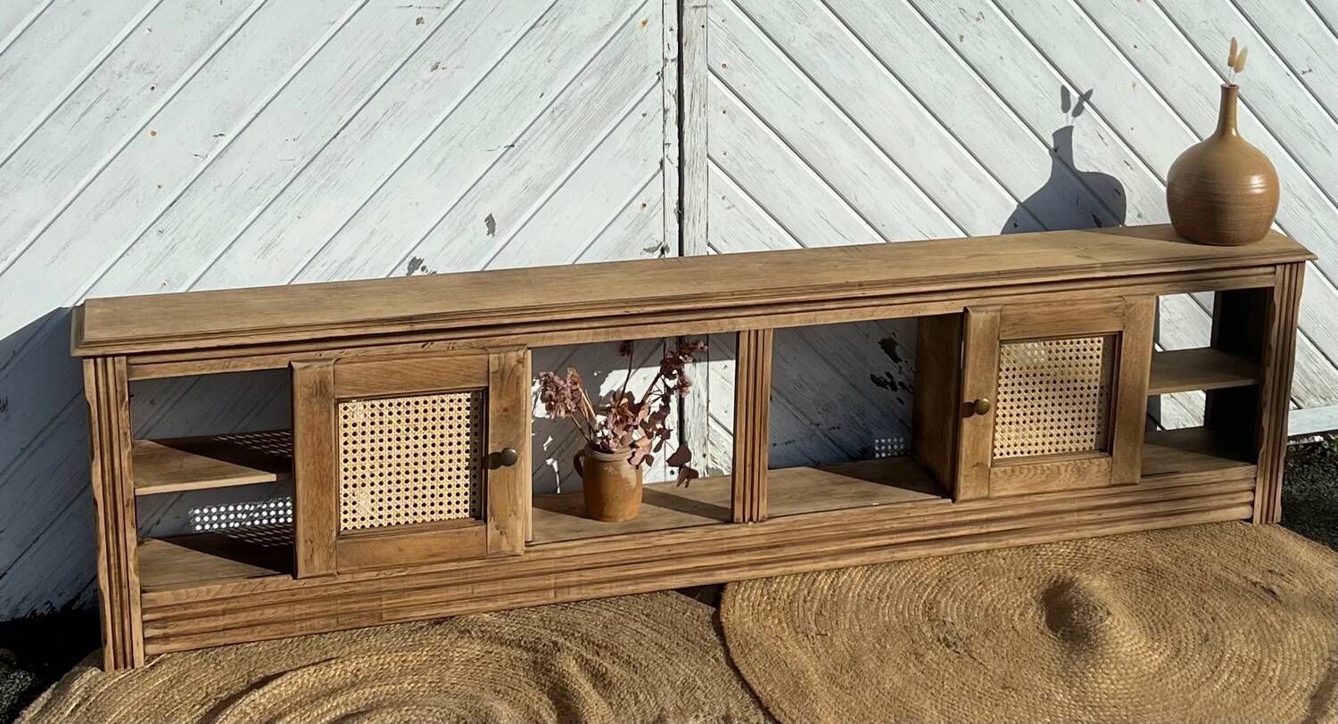Vintage oak sideboard TV unit with raw finish and caning.