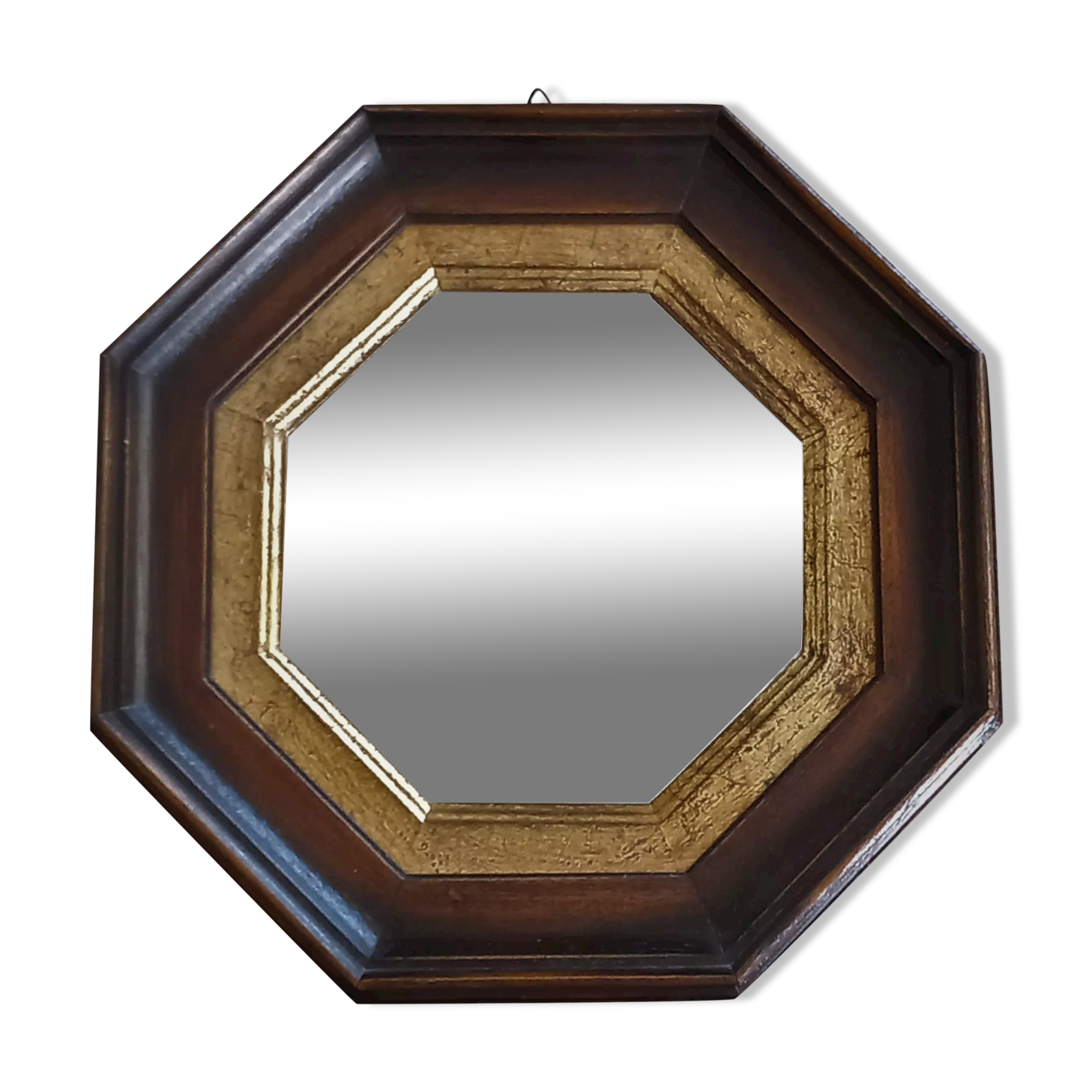 Octagonal renaissance mirror in oak and gold, 28 cm