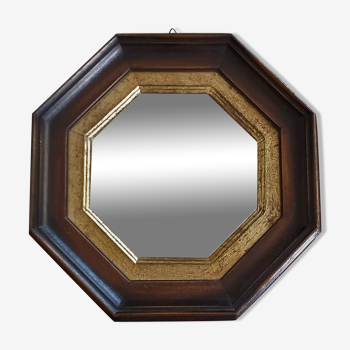 Miroir octogonal style renaissance en chêne et or, 28 cm