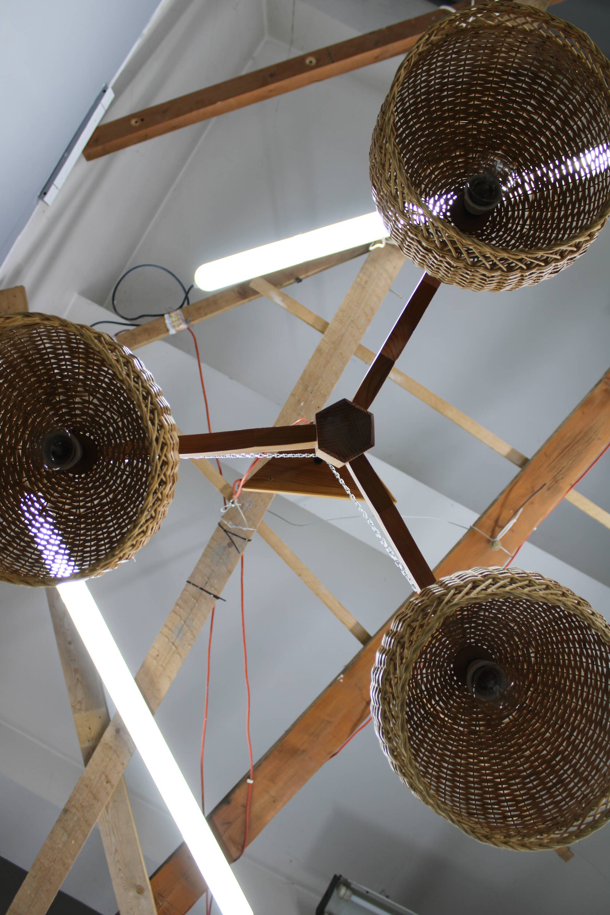 1970s Czechoslovakian rattan & pine pendant light, three-shade chandelier